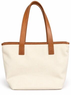 Brandy Melville cream canvas tote bag featuring structured brown leather  handle